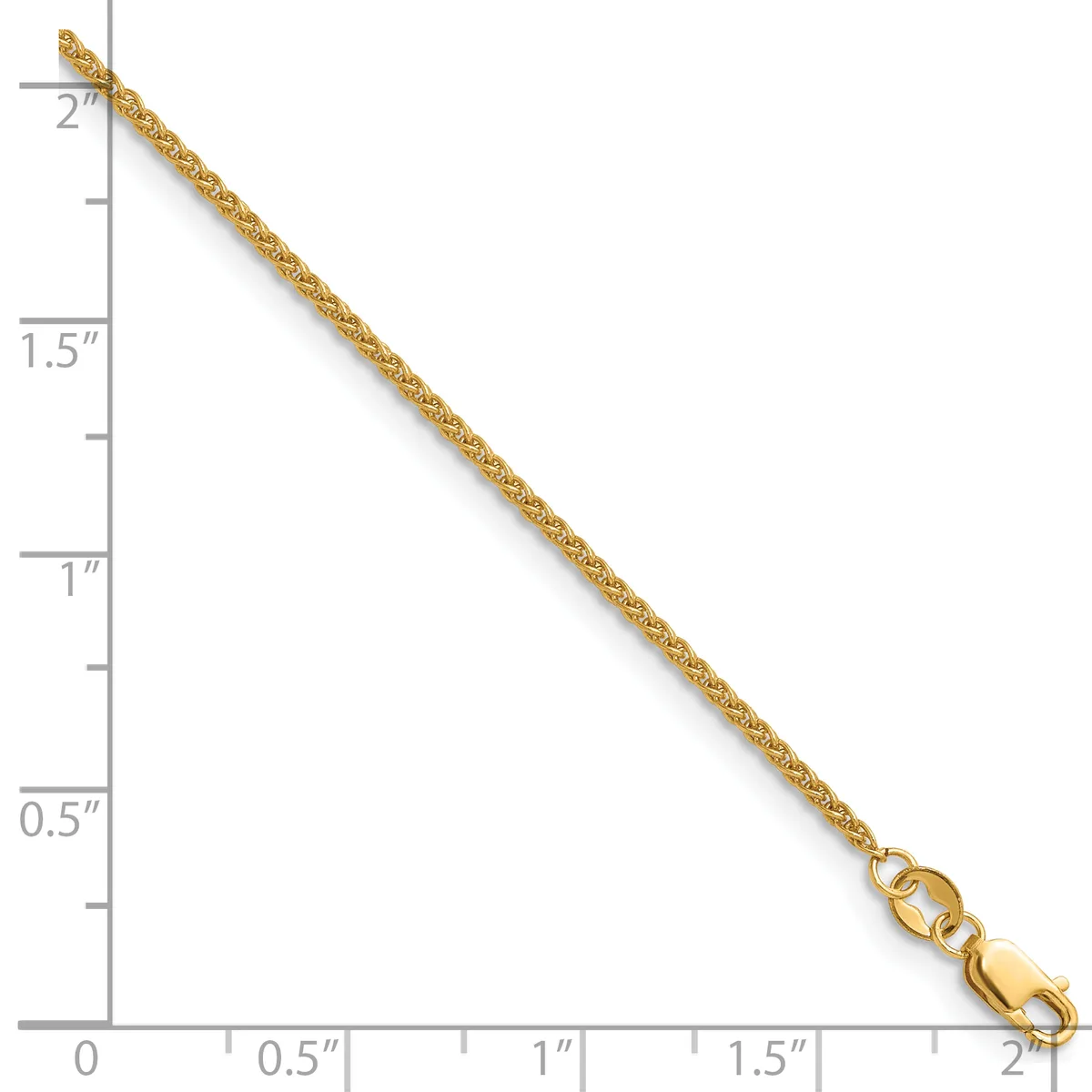 Gold-toned chain necklace with a lobster clasp, displayed against a ruler showing approximately two inches in length.