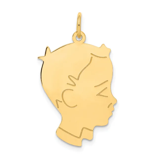 Gold silhouette pendant showing a child's profile facing left with a small hallmark, hanging from a loop bail.