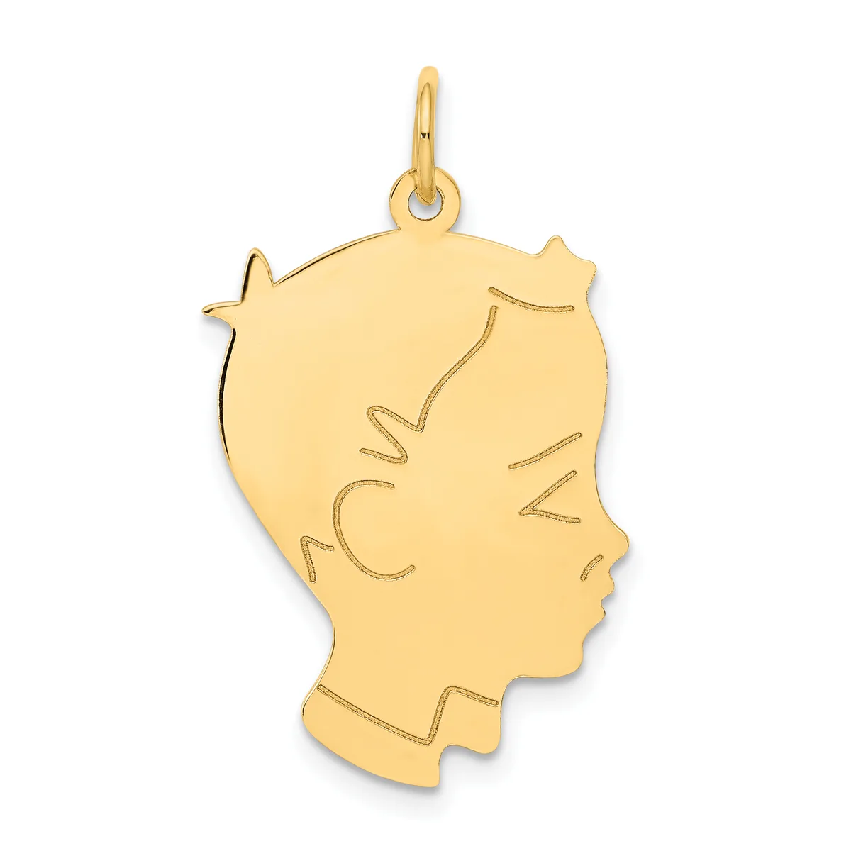 Gold silhouette pendant showing a child's profile facing left with a small hallmark, hanging from a loop bail.