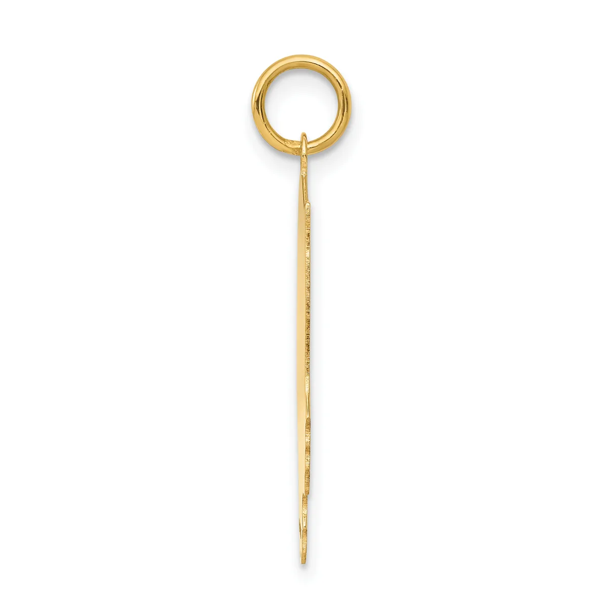 A gold-colored metal charm or pendant consisting of a small circular loop at the top attached to a long, thin tapered wire shaft.