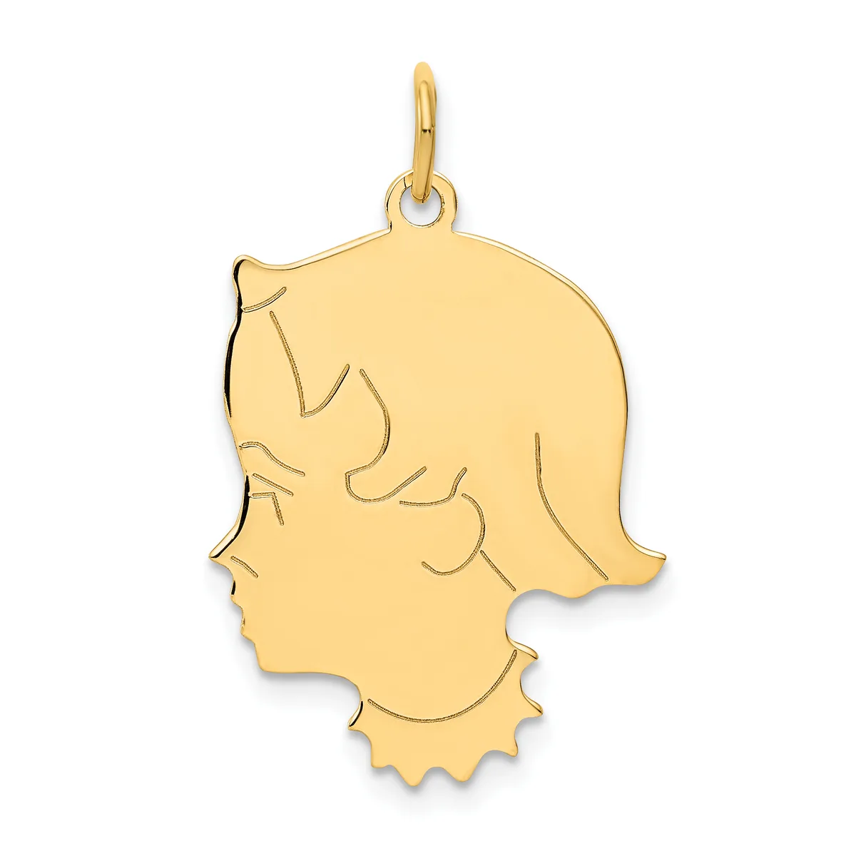 Gold pendant in the shape of a child's profile with hair details and a small loop attachment at the top.
