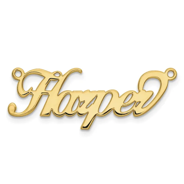 Gold-colored metal nameplate pendant with looped attachments at each end, displayed against a white background.
