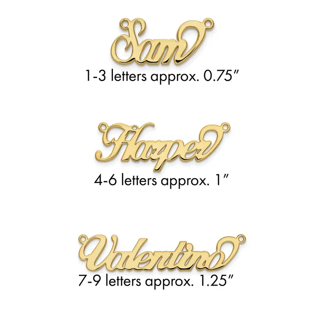 Three gold-colored nameplate charms with loops at each end, labeled by letter count and approximate size: "Amy" at 0.75 inches, "Hayden" at 1 inch, and "Valentina" at 1.25 inches.