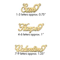Three gold-colored nameplate charms with loops at each end, labeled by letter count and approximate size: "Amy" at 0.75 inches, "Hayden" at 1 inch, and "Valentina" at 1.25 inches.