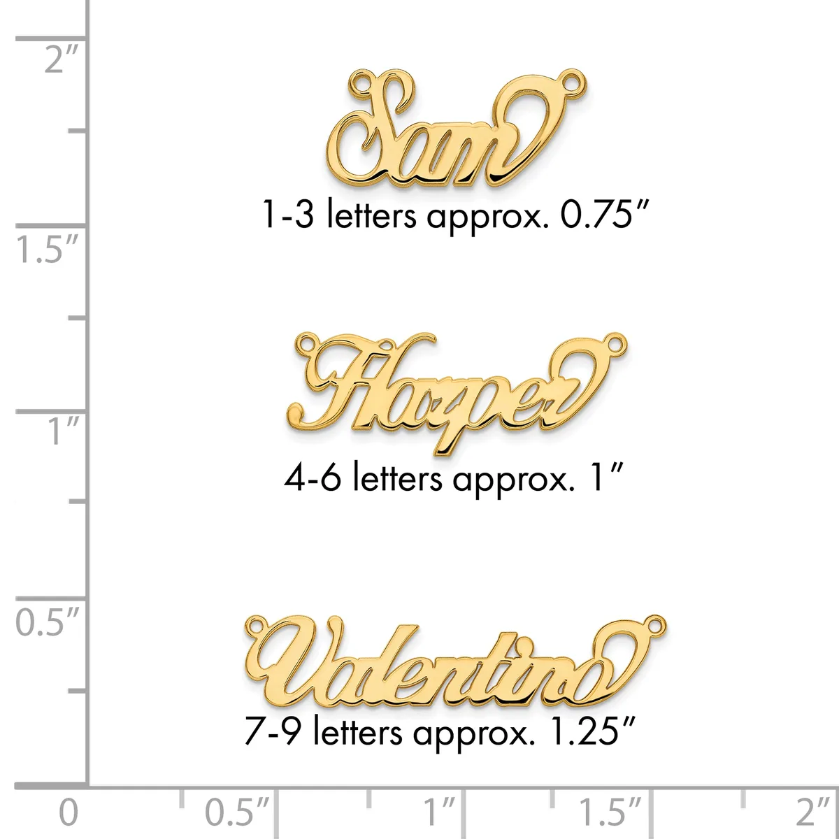 Three gold-colored script word charms displayed against a ruler showing sizes: approximately 0.75 inches for 1-3 letters, 1 inch for 4-6 letters, and 1.25 inches for 7-9 letters.