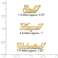 Three gold-colored script word charms displayed against a ruler showing sizes: approximately 0.75 inches for 1-3 letters, 1 inch for 4-6 letters, and 1.25 inches for 7-9 letters.