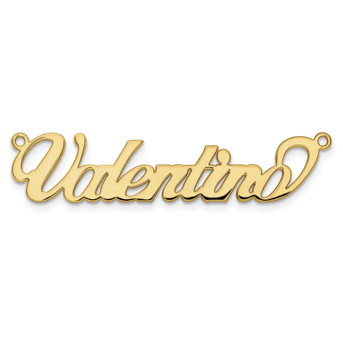 A gold-colored nameplate pendant with the name "Valentina" in script lettering, featuring loops at both ends for attachment.