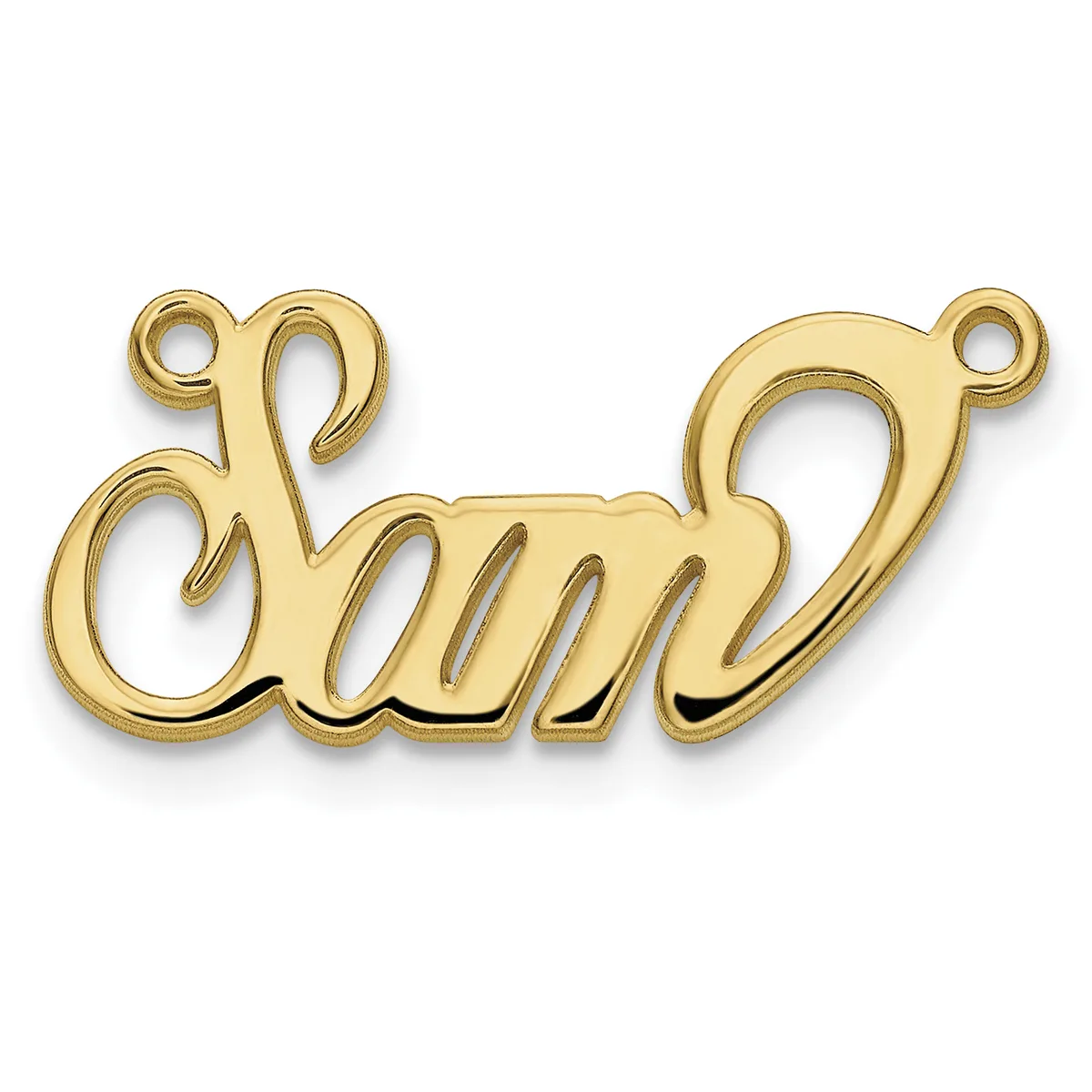 Gold-toned metal nameplate pendant with the word "Amy" in cursive script, featuring two small loops at the top for attachment.