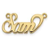 Gold-toned metal nameplate pendant with the word "Amy" in cursive script, featuring two small loops at the top for attachment.