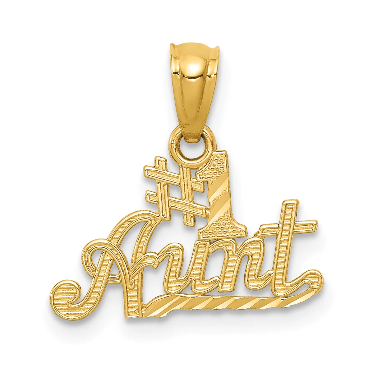 Gold pendant featuring the word "Amani" in cursive script with a cross symbol above it, shown hanging from a bailed loop.
