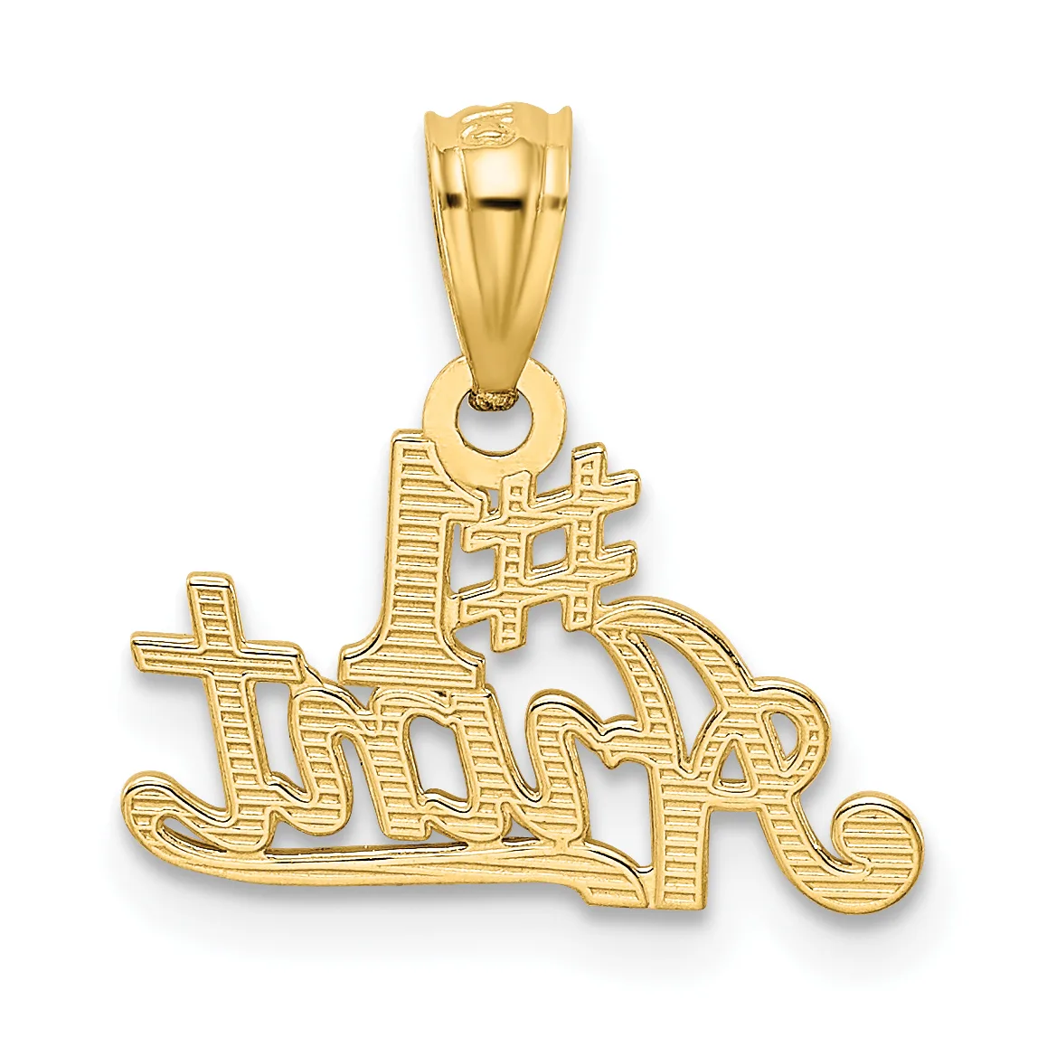 Gold pendant featuring an ornate cross design with decorative scrollwork and linear texture details throughout, suspended from a polished bail.