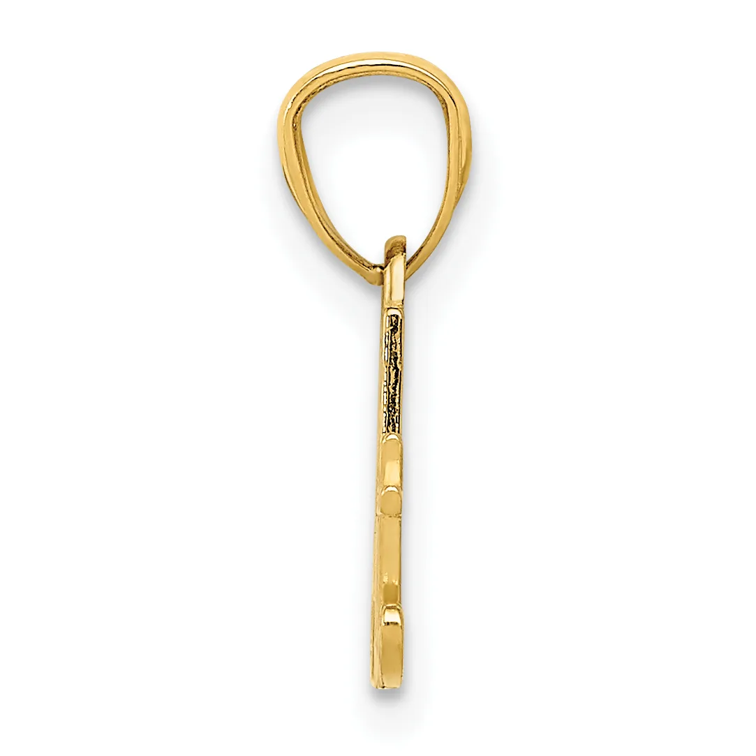 A gold teardrop-shaped pendant with a textured stem and small hallmark, shown against a white background.