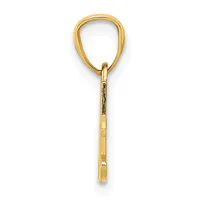 A gold teardrop-shaped pendant with a textured stem and small hallmark, shown against a white background.