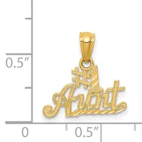 Gold pendant with "Aunt" script text and decorative cross detail, shown next to a ruler indicating approximately 0.5 inches in height and width.