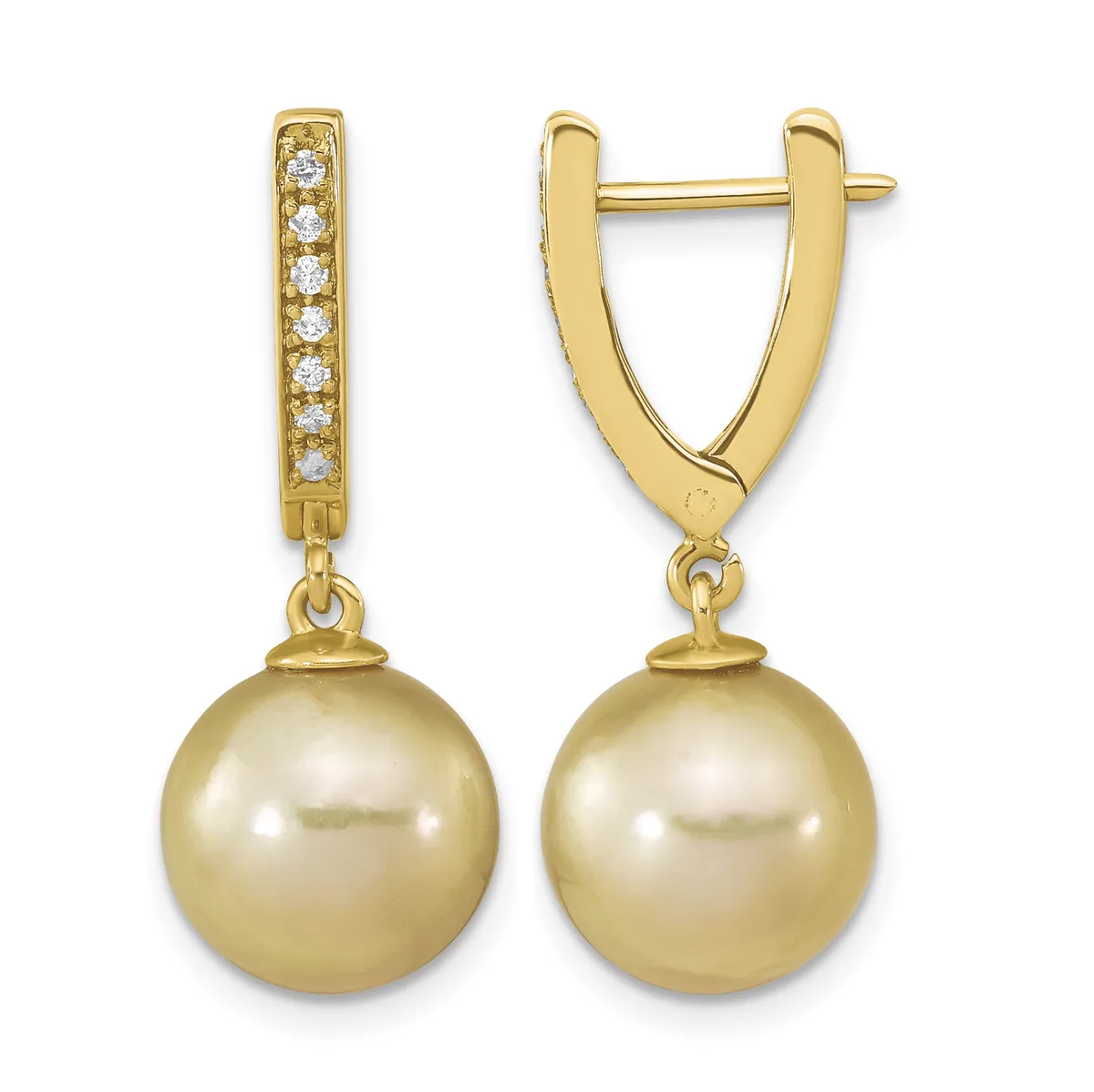 Pair of gold drop earrings with diamond-set rectangular posts and large golden pearl spheres suspended below.