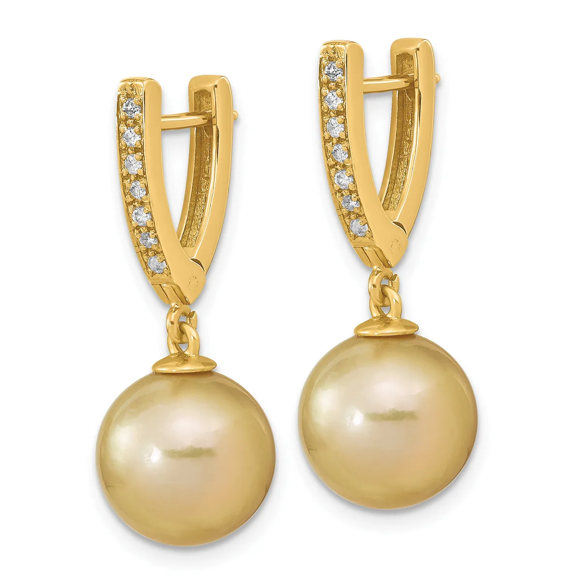 Pair of gold huggie earrings with diamond accents on the upper curved section and dangling golden pearl drops.