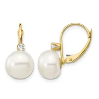 Pair of gold leverback earrings, each featuring a round white pearl suspended below a small round diamond.