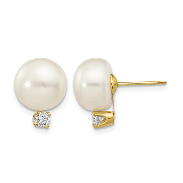 Pair of gold stud earrings featuring round white pearls with small round diamond accents below each pearl.