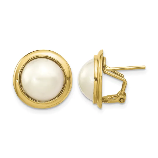 Pair of gold-toned round earrings with white pearl centers and omega clip backs, shown from front and side views.