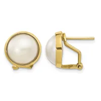 Pair of gold-tone earrings with round white pearl centers set in polished metal bezels, shown from front and side views with omega clip backs.