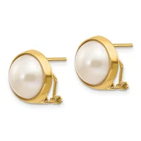 A pair of gold-toned stud earrings with oval white pearl centers set in polished bezels, shown from the front against a white background.
