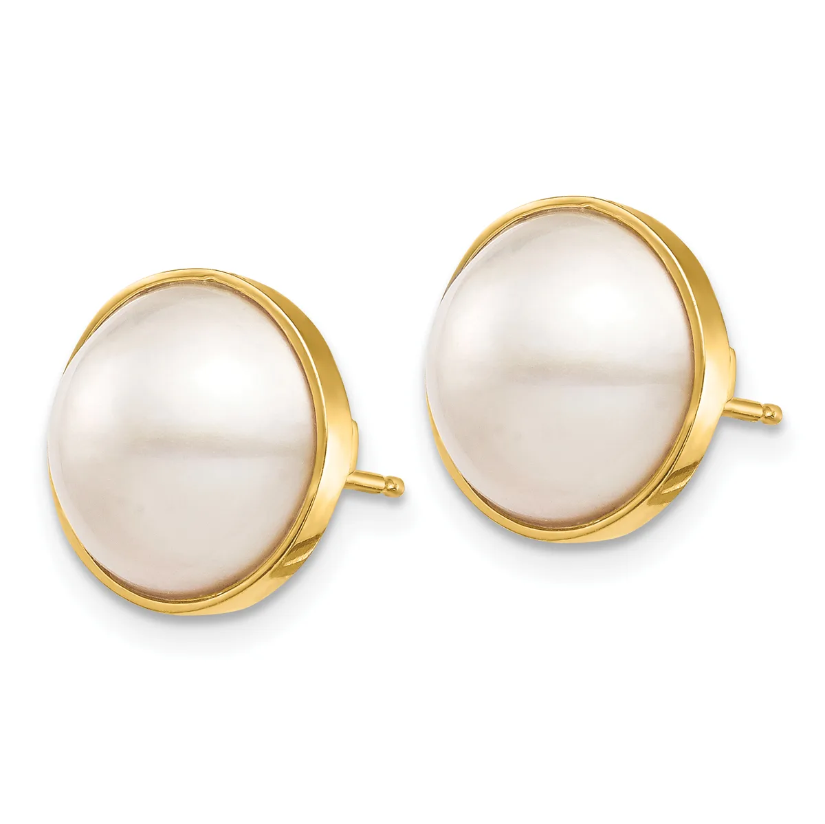 A pair of gold stud earrings with oval white pearl cabochons set in polished gold bezels with post and clutch backs.