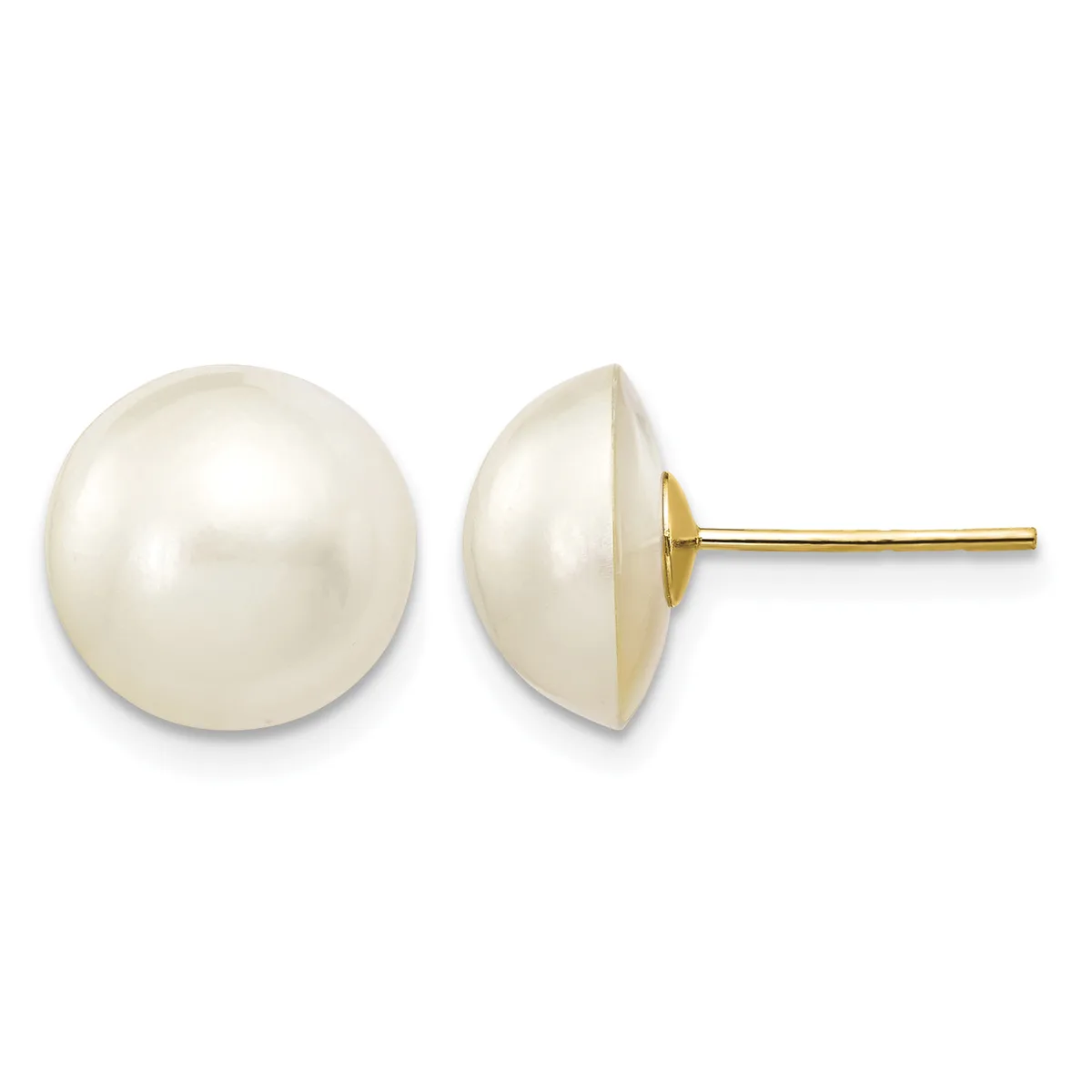 Pair of white pearl stud earrings with gold posts, shown from front and side view.