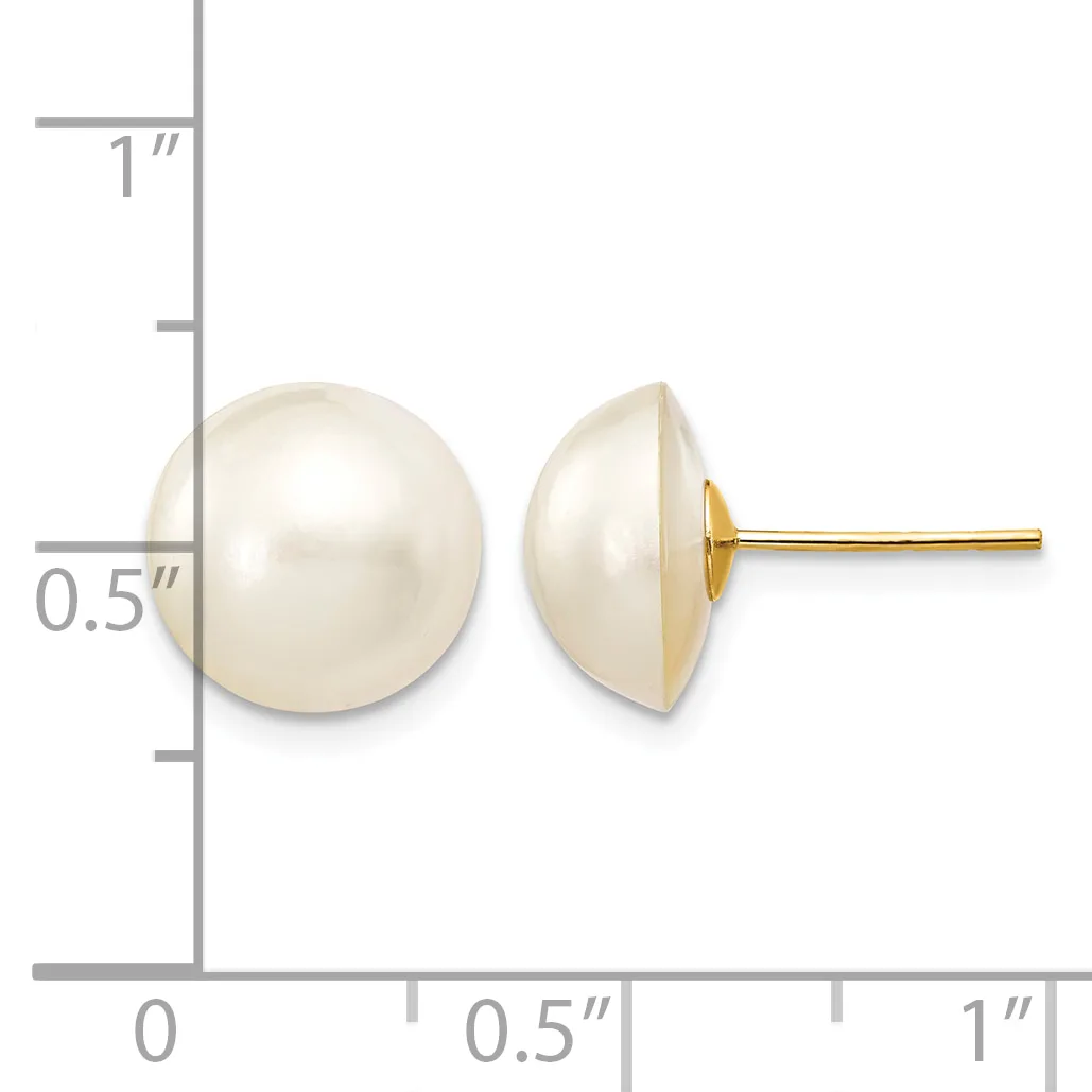 A pair of white pearl stud earrings shown from front and side views next to a measurement scale indicating approximately half-inch diameter pearls with gold posts and backs.