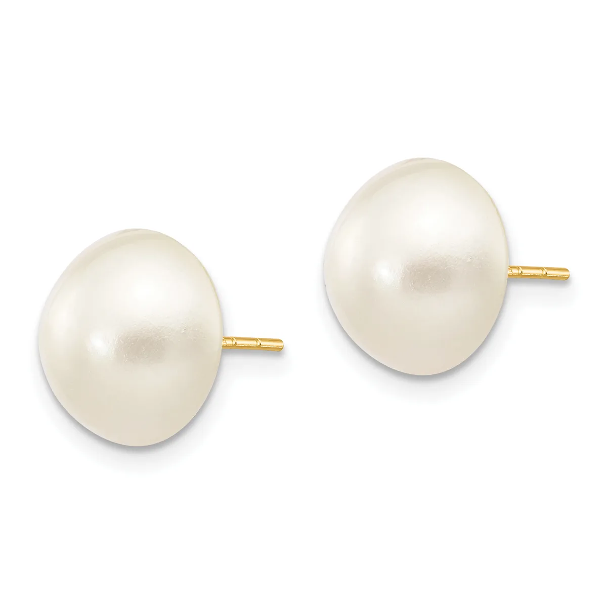 A pair of white pearl stud earrings with gold posts, displayed against a white background.