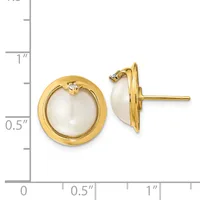 Pair of gold stud earrings with round white pearl centers set in circular gold bezels, shown next to a measurement scale.