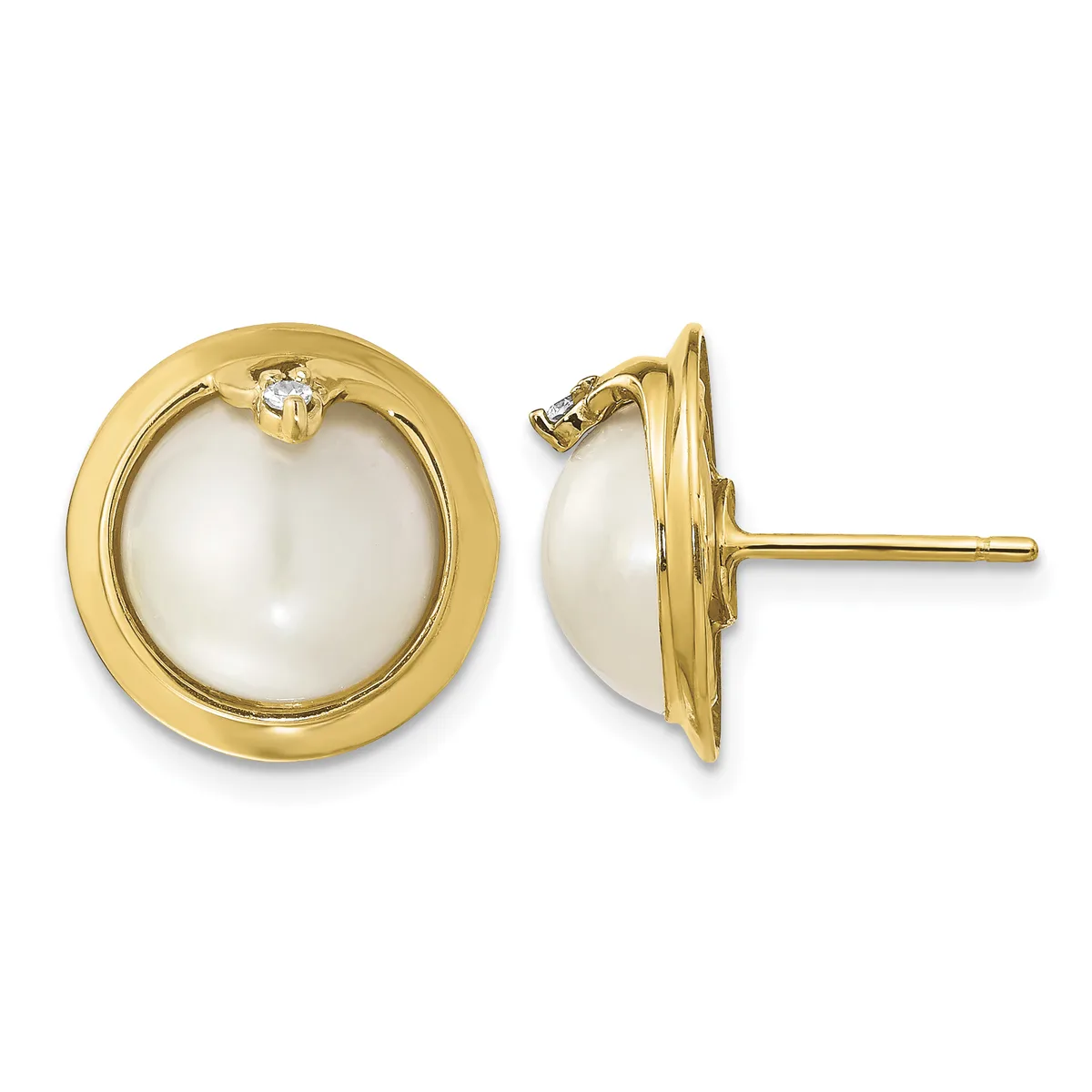 A pair of gold stud earrings featuring large white pearl domes set in polished yellow gold circular frames with small diamond accents, shown from front and side views.