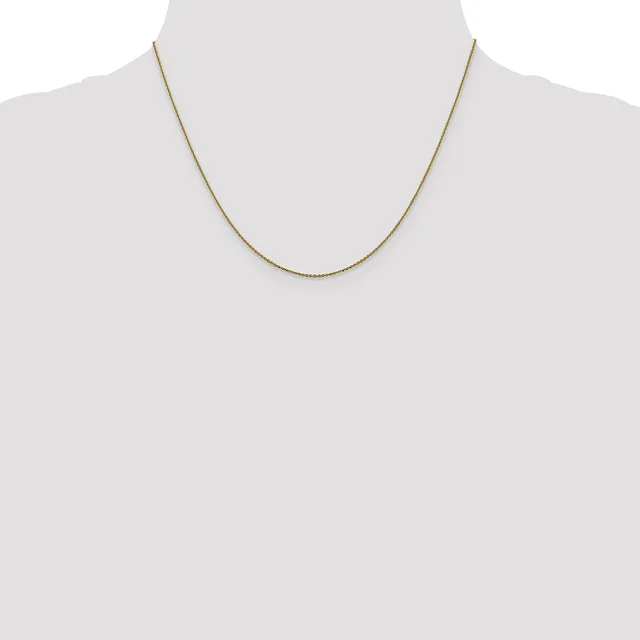 A thin gold-toned chain necklace displayed on a mannequin bust against a white background.