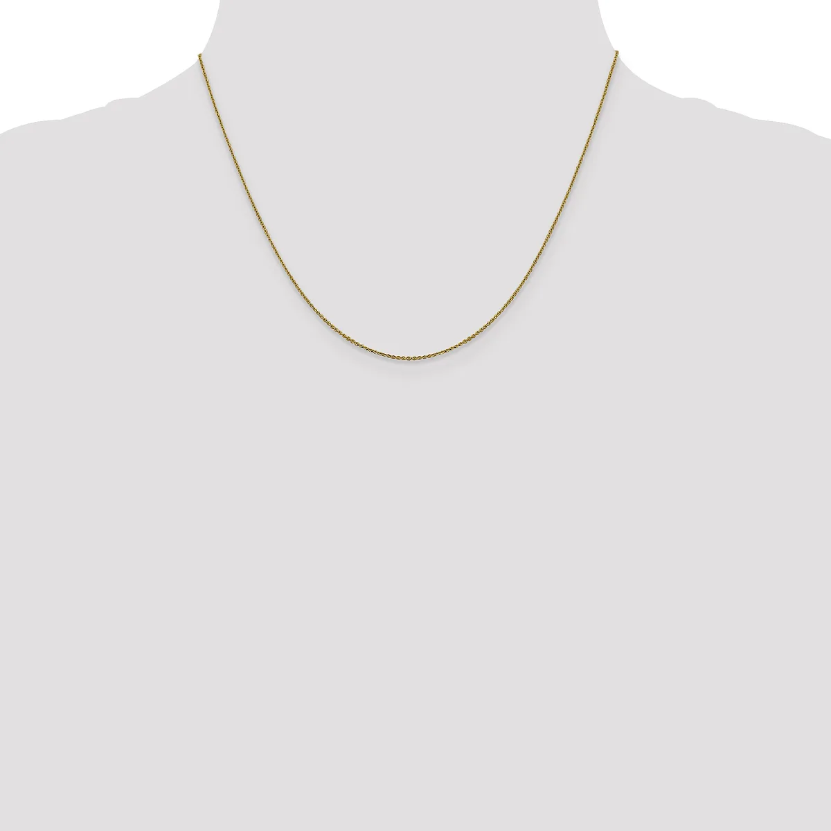 A thin gold-toned chain necklace displayed on a mannequin bust against a white background.
