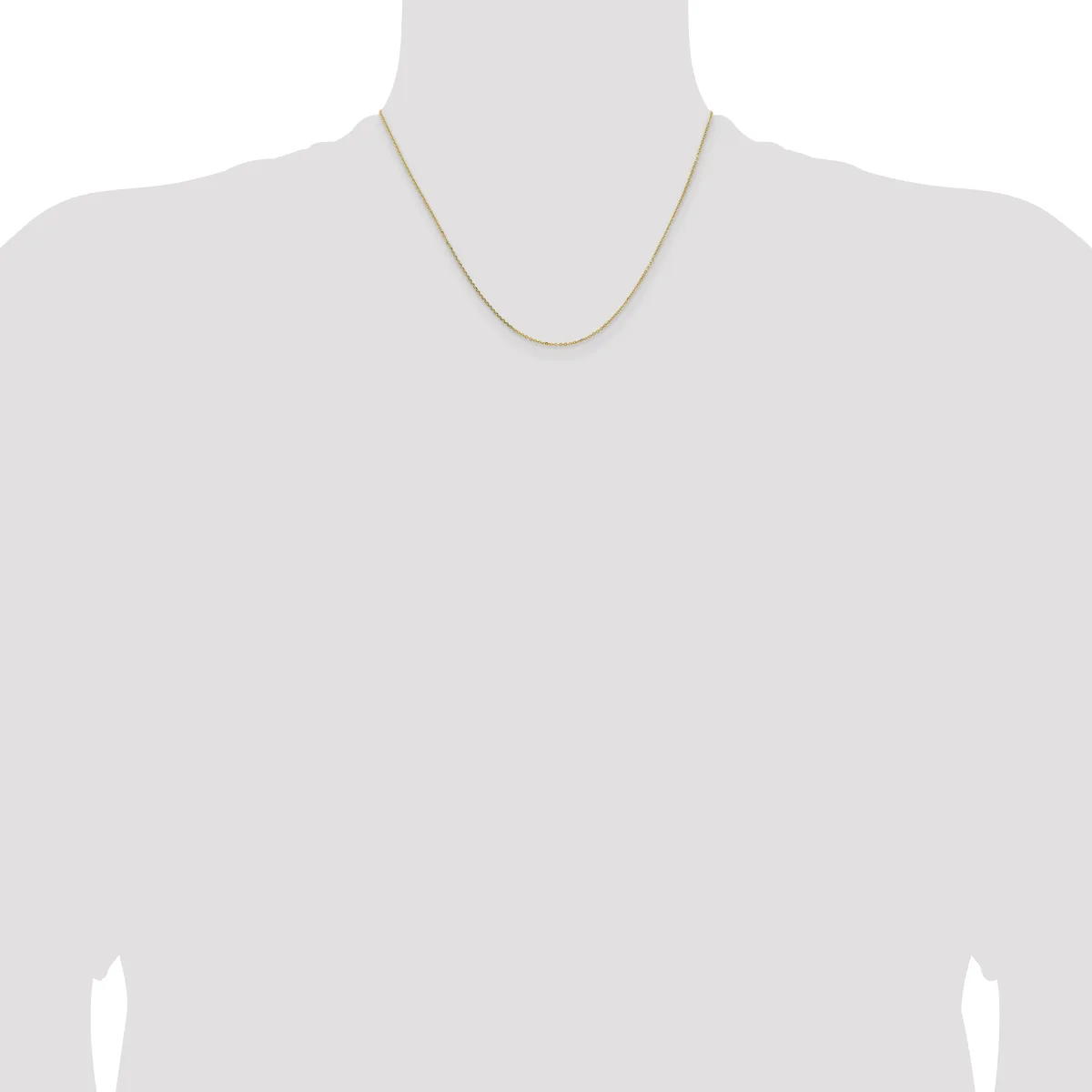 A thin gold-toned chain necklace displayed on a mannequin bust against a white background.