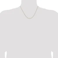 A thin gold-toned chain necklace displayed on a mannequin bust against a white background.