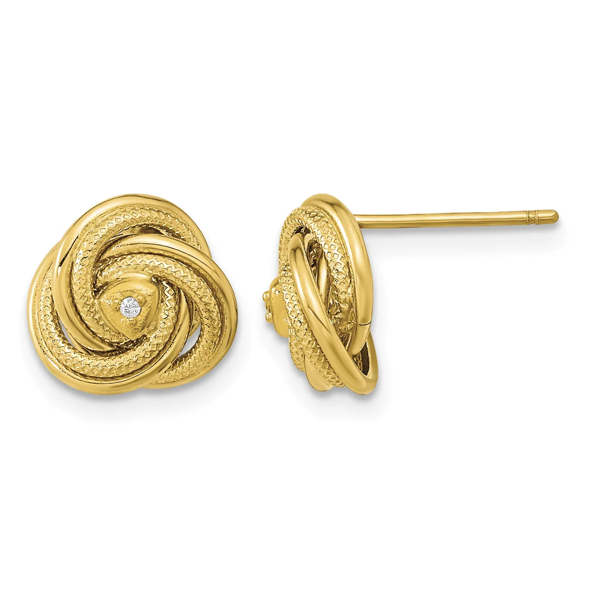 Pair of gold knot stud earrings with textured finish and small diamond accents, shown from front and side views.