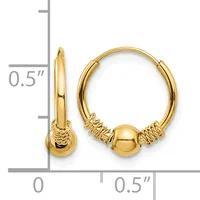 Pair of gold hoop earrings with textured wrapping and a smooth bead accent, displayed next to a measurement ruler showing approximately 0.5 inches in diameter.