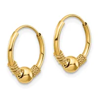Pair of gold-toned hoop earrings with textured wrapped details and polished spheres, shown against a white background.