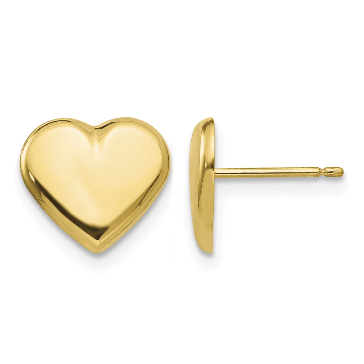 A pair of polished gold heart-shaped stud earrings shown from front and side views.