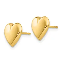A pair of polished gold heart-shaped stud earrings with post and back closures, displayed against a white background.