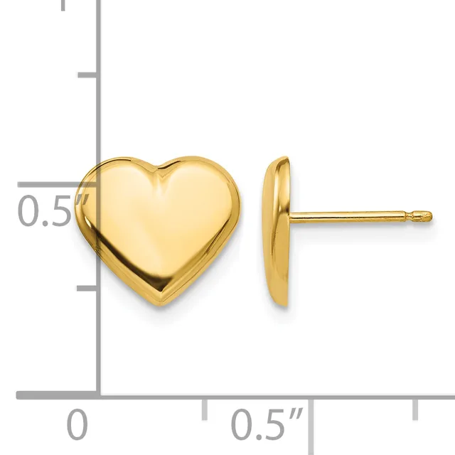 Pair of polished gold-tone heart-shaped stud earrings shown against a measurement scale indicating approximately half-inch dimensions.