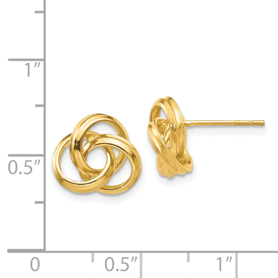 Pair of polished yellow gold twisted knot stud earrings displayed next to a measurement ruler showing approximately half-inch height.
