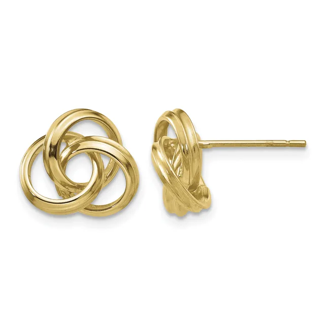 A pair of polished gold interlocking loop stud earrings shown from front and side views.
