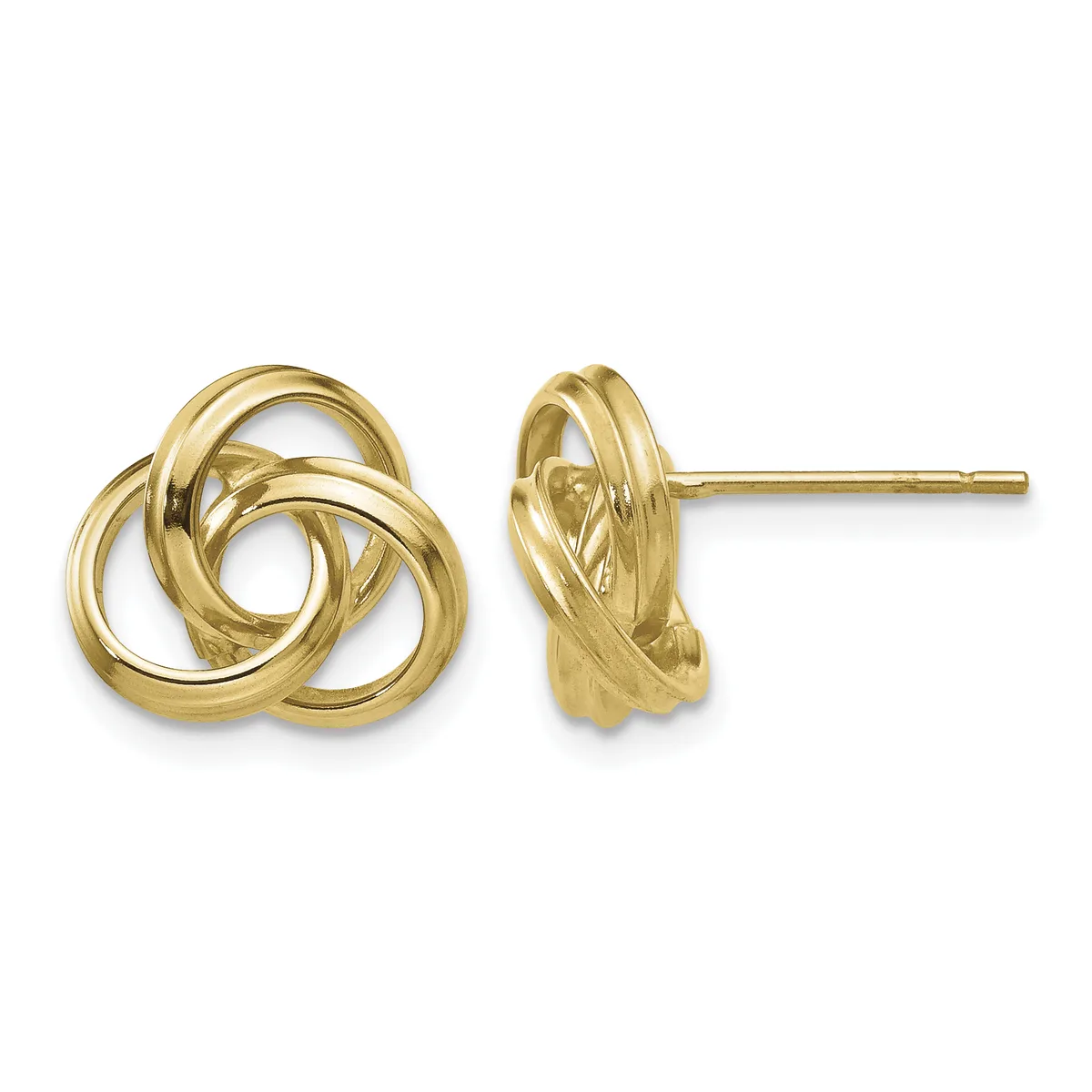 A pair of polished gold interlocking loop stud earrings shown from front and side views.