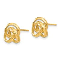 A pair of gold stud earrings with interlocking twisted loop designs, displayed against a white background.