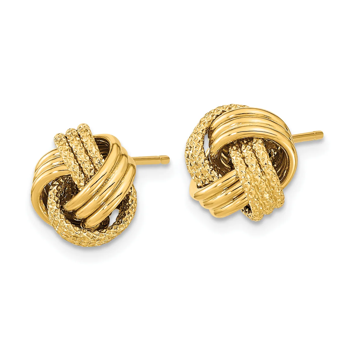 Pair of gold knot stud earrings with textured and polished surfaces, shown from the front on a white background.