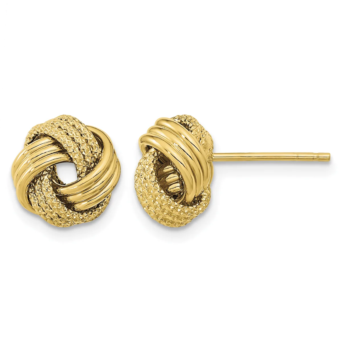 A pair of gold stud earrings with interlocking textured and polished twisted knot designs, shown from the front.
