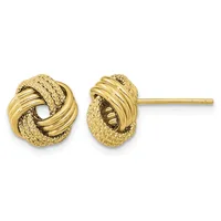 A pair of gold stud earrings with interlocking textured and polished twisted knot designs, shown from the front.