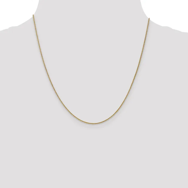 A thin gold-toned chain necklace displayed on a mannequin bust against a white background.