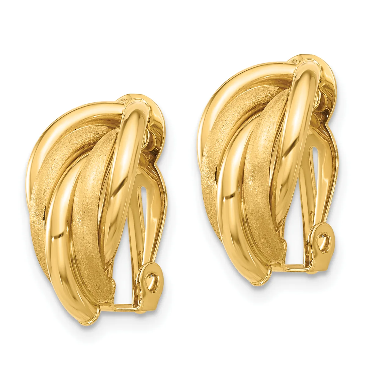 Pair of gold-toned chunky twisted hoop earrings with clip-on closures, shown against a white background.